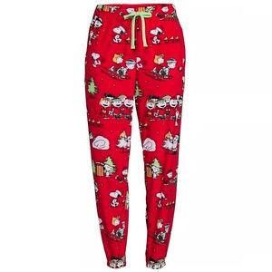 NWT Peanuts Gang Snoopy Christmas Jogger Pants Lounge PJ WOMEN'S L Velour Red